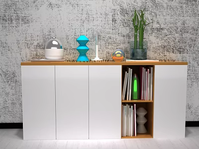 Entryway Cabinet Sideboard White with Wooden Top Open Shelves Books Decorations Green Plant Gray Wall 3d model