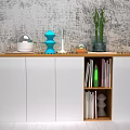 Entryway Cabinet Sideboard White with Wooden Top Open Shelves Books Decorations Green Plant Gray Wall
