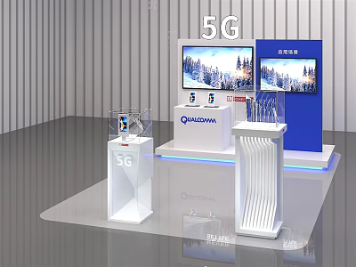 5G Technology Exhibition Booth With Qualcomm Branding Large Screens And Transparent Cases 3d model