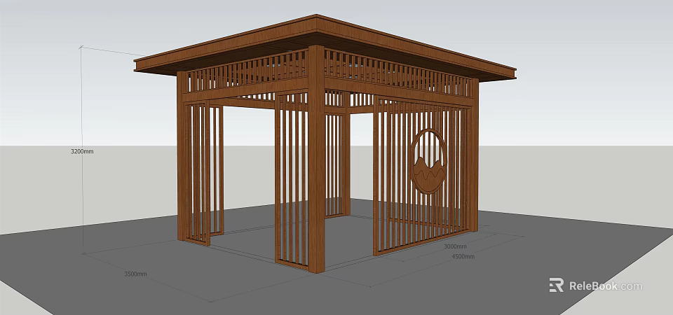 Traditional Wooden Pavilion Design with Lattice Sides and Circular Decorative Pattern 3d model 