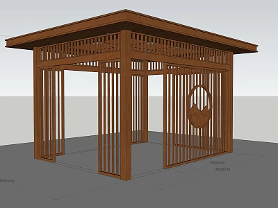 Traditional Wooden Pavilion Design with Lattice Sides and Circular Decorative Pattern 3d model