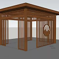 Traditional Wooden Pavilion Design with Lattice Sides and Circular Decorative Pattern