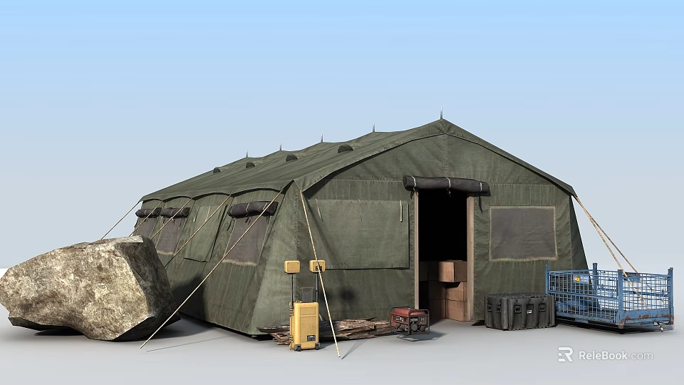 Green Military Tent Setup With Large Rock Yellow Boxes Wooden Crates And Gear 3d model 