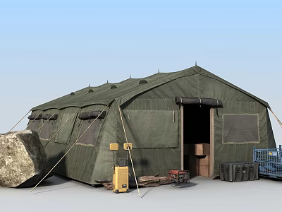 Green Military Tent Setup With Large Rock Yellow Boxes Wooden Crates And Gear 3d model