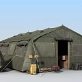 Green Military Tent Setup With Large Rock Yellow Boxes Wooden Crates And Gear
