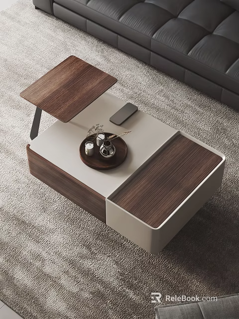 Stylish Coffee Table With Lift-Top Design White And Wooden Tray Cups And Smartphone On Top 3d model 