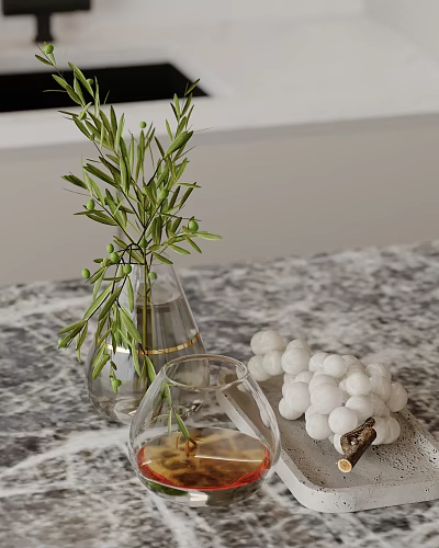 Decorative Ornament Set With Olive Branches Clear Vase And White Spherical Ornaments On Marble Tabletop 3d model