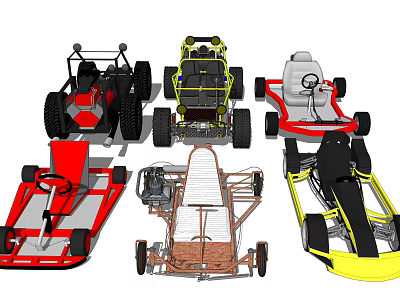 Various Styles of Go Karts Featuring Frames Seats and Steering Wheels 3d model