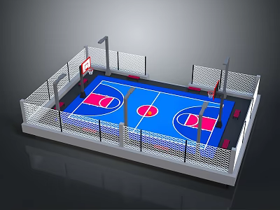 Basketball Court With Blue Floor Red Markings Fence Hoops And Lighting Poles 3d model