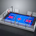 Basketball Court With Blue Floor Red Markings Fence Hoops And Lighting Poles