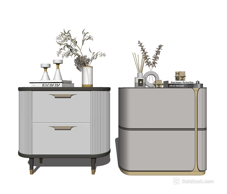 Elegant Modern Bedside Tables With Drawer Design Gold Accents Decorative Plants Aromatherapy Items 3d model 