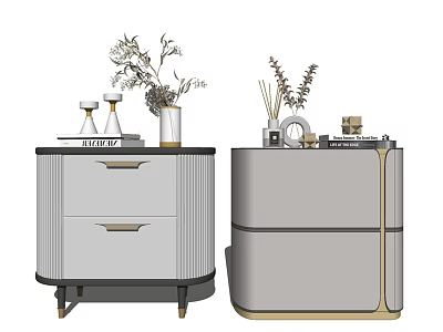 Elegant Modern Bedside Tables With Drawer Design Gold Accents Decorative Plants Aromatherapy Items 3d model