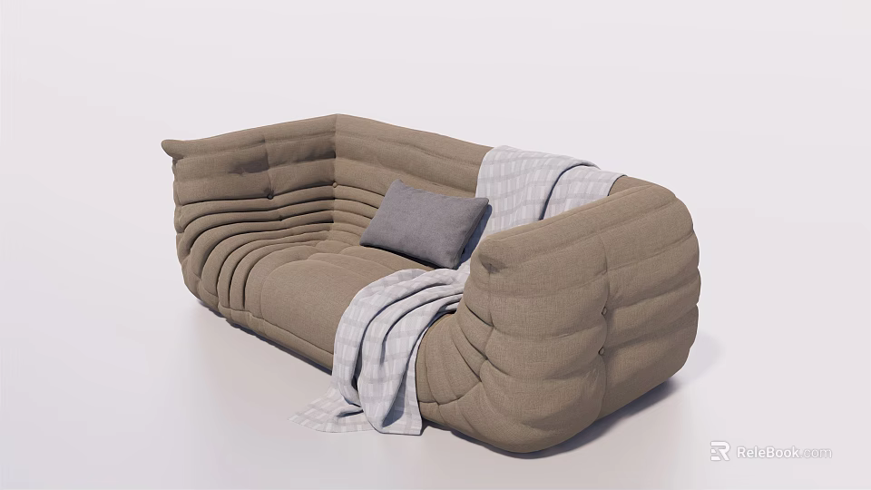 Modern Beige Sectional Sofa With Pleated Design Gray Cushion And Throw Blanket 3d model