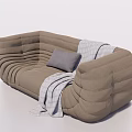 Modern Beige Sectional Sofa With Pleated Design Gray Cushion And Throw Blanket 3d model