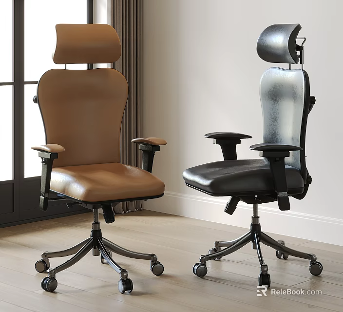 Brown and Black Leather Office Chairs with Ergonomic Design and Swivel Wheels 3d model 