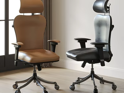 Brown and Black Leather Office Chairs with Ergonomic Design and Swivel Wheels 3d model