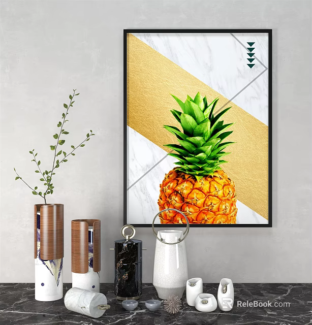 Pineapple Decorative Artwork With Gold White Geometric Background And Vase Decorations 3d model 