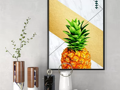 Pineapple Decorative Artwork With Gold White Geometric Background And Vase Decorations 3d model