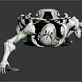 Sci Fi Biomechanical Character In Silver Green Armor Holding Futuristic Polearm Weapon