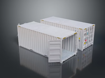 Two White Industrial Shipping Containers With Open Door And Reflective Surface 3d model