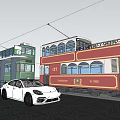 White Sports Car And Black Vehicle Parked Near Vintage Tram At Station
