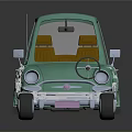 Light Green Vintage Car With Round Shape Yellow Headlights And Brown Seats