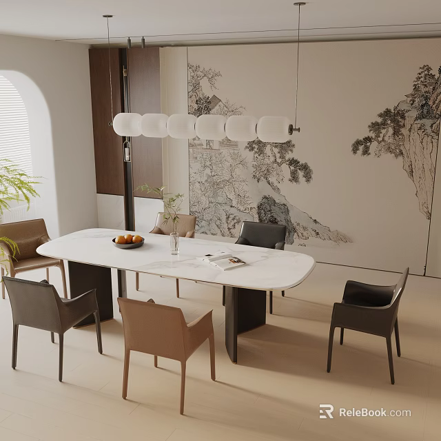 White Oval Dining Table Set With Gray Brown Chairs Circular Pendant Light And Landscape Art 3d model 