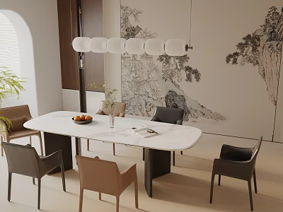 White Oval Dining Table Set With Gray Brown Chairs Circular Pendant Light And Landscape Art 3d model