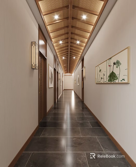 Traditional Hotel Corridor With Wooden Ceiling Slate Floor Wall Sconces And Decorative Paintings 3d model 
