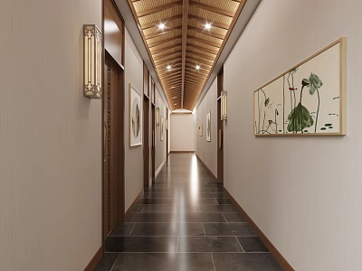 Traditional Hotel Corridor With Wooden Ceiling Slate Floor Wall Sconces And Decorative Paintings 3d model