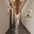 Traditional Hotel Corridor With Wooden Ceiling Slate Floor Wall Sconces And Decorative Paintings