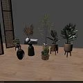Bonsai and Potted Plants in Outdoor Patio with Wooden Flooring Various Planters and Green Plants