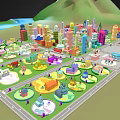 Cartoon City Landscape With Colorful Buildings Various Shaped Skyscrapers And Green Lawns