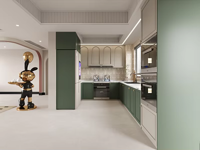Elegant Modern Kitchen Interior With Green Cabinets Marble Island And Gold Accents 3d model