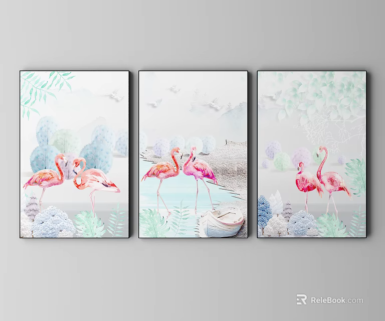 Vibrant Flamingo Animal Paintings with Water Plants and Natural Scenery 3d model 
