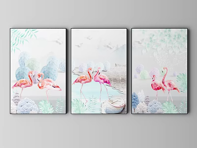 Vibrant Flamingo Animal Paintings with Water Plants and Natural Scenery 3d model