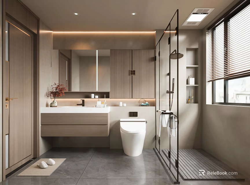 Modern Bathroom Interior Design With White Toilet Vanity Countertop Mirror Glass Shower Gray Tiles 3d model 