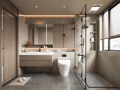 Modern Bathroom Interior Design With White Toilet Vanity Countertop Mirror Glass Shower Gray Tiles 3d model