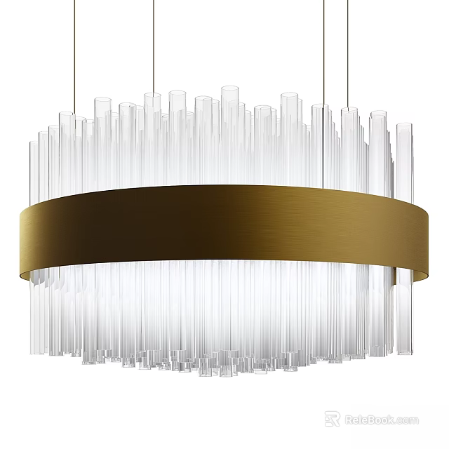 Elegant Modern Chandelier With Transparent Glass Rods And Golden Ring Design 3d model 