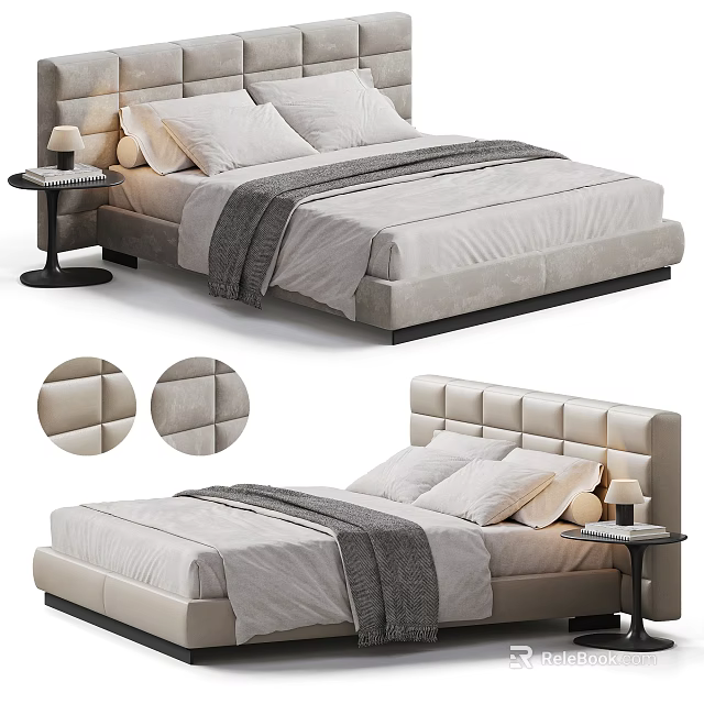 Elegant Double Bed With Tufted Upholstered Headboard Light Sheets And Gray Throw Blanket 3d model