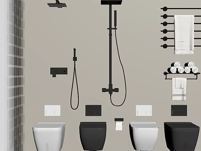 Modern Bathroom Interior With White And Black Toilets Shower Fixtures And Towel Racks 3d model