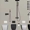 Modern Bathroom Interior With White And Black Toilets Shower Fixtures And Towel Racks