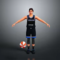 Woman in Basketball Uniform Standing with Arms Outstretched Next to Basketball