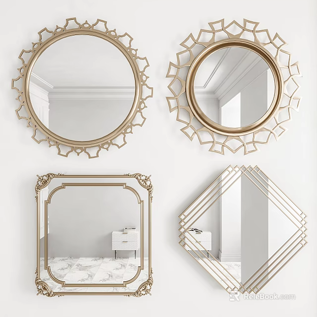 Decorative Mirrors With Golden Intricate Frames And Various Shapes For Interior Design 3d model