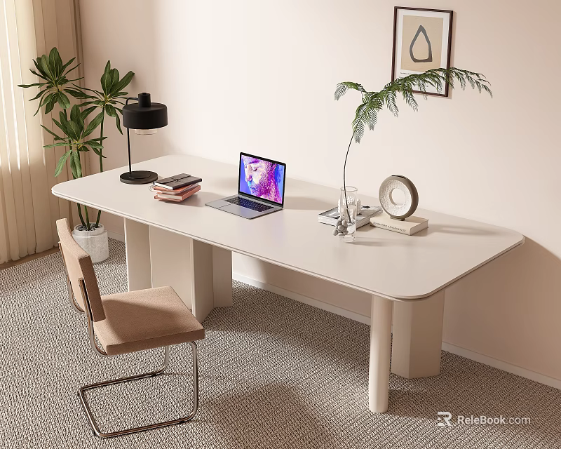 Modern White Desk With Laptop Books Table Lamp Potted Plant Beige Chair And Wall Painting 3d model 