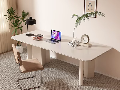 Modern White Desk With Laptop Books Table Lamp Potted Plant Beige Chair And Wall Painting 3d model