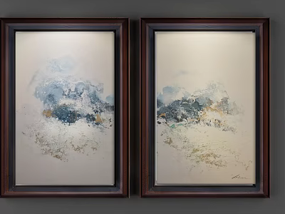 Two Abstract Paintings In Dark Wooden Frames With Blue White And Gold Tones 3d model