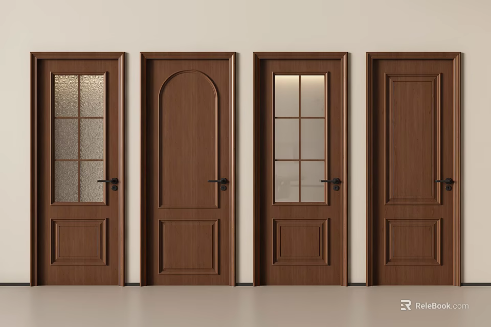 Brown Wooden Hinged Doors In Various Styles With Glass And Solid Panels 3d model