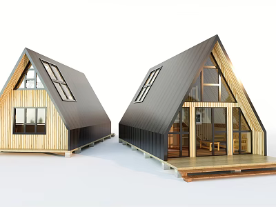 Modern Wooden House Design With Triangular Roof Large Windows And Wooden Deck 3d model