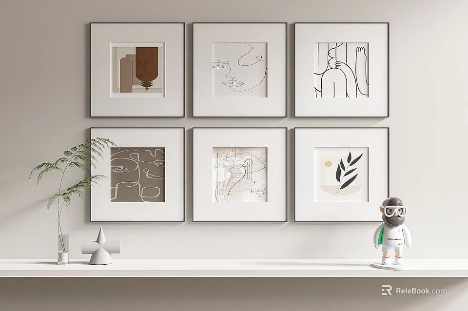 Abstract Paintings In White Frames On Wall With Shelf Green Plant And Geometric Decor 3d model